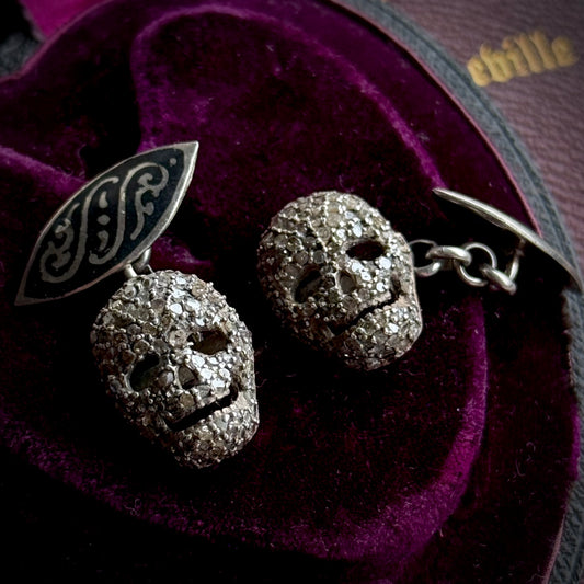 Preloved Silver & Diamond Skull Cufflinks with Black Enamel Detail