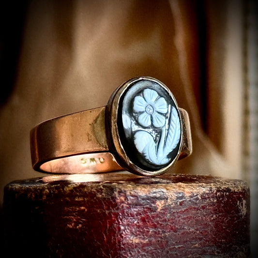 Antique Victorian Forget Me Not Mourning Ring in 9 Carat Rose Gold