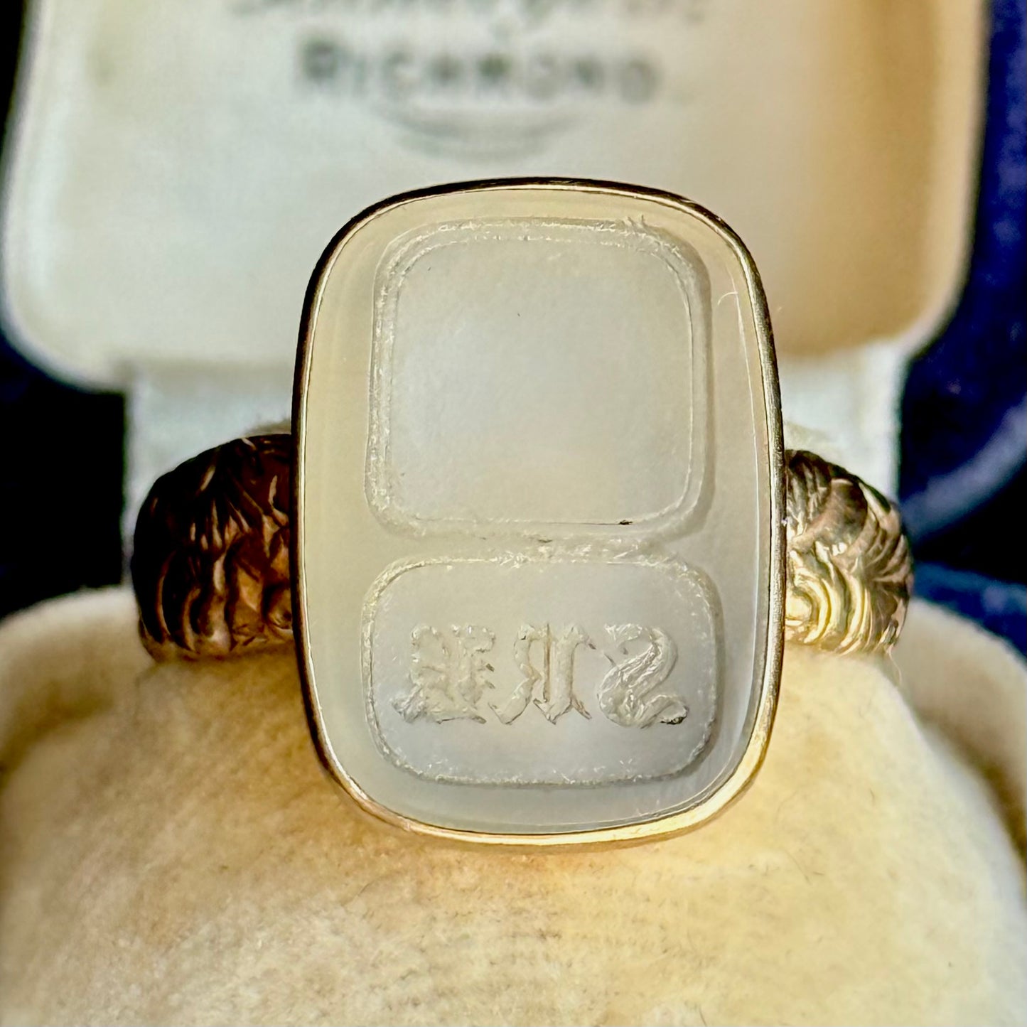 Monogrammed Chalcedony Ring in 9 Carat Gold