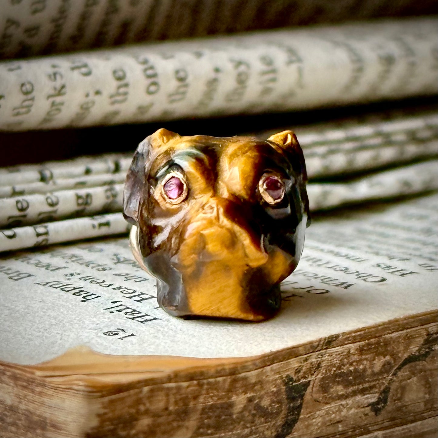Antique Carved Tiger's Eye Pug Pendant With Ruby Eye's