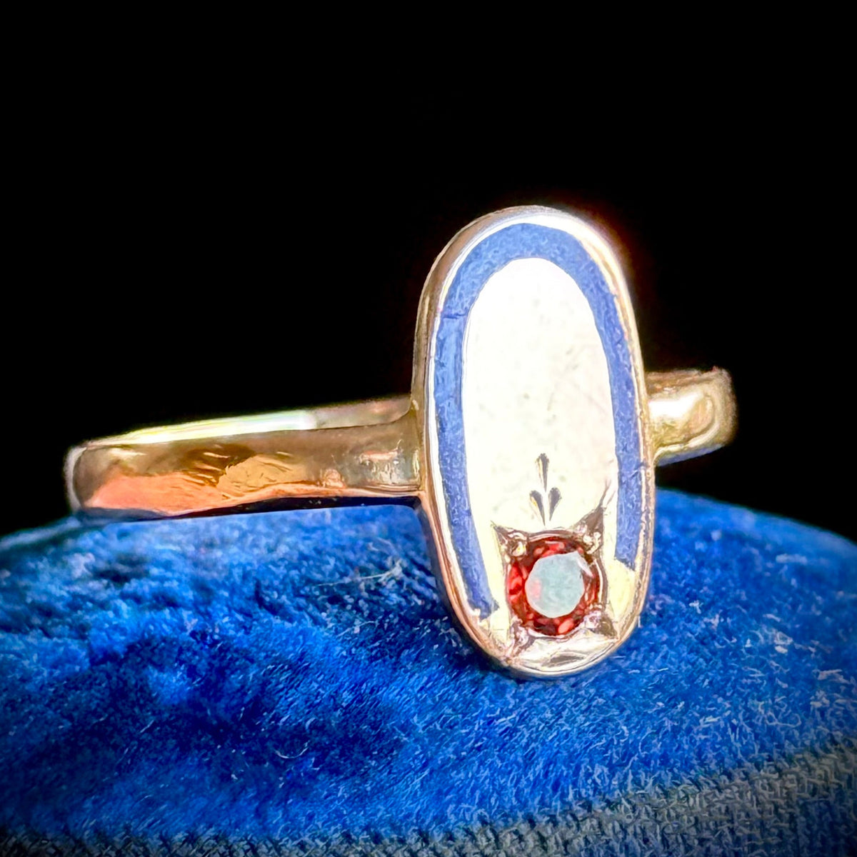Antique Garnet & Enamel Ring in 9 Carat Gold; Circa 1910