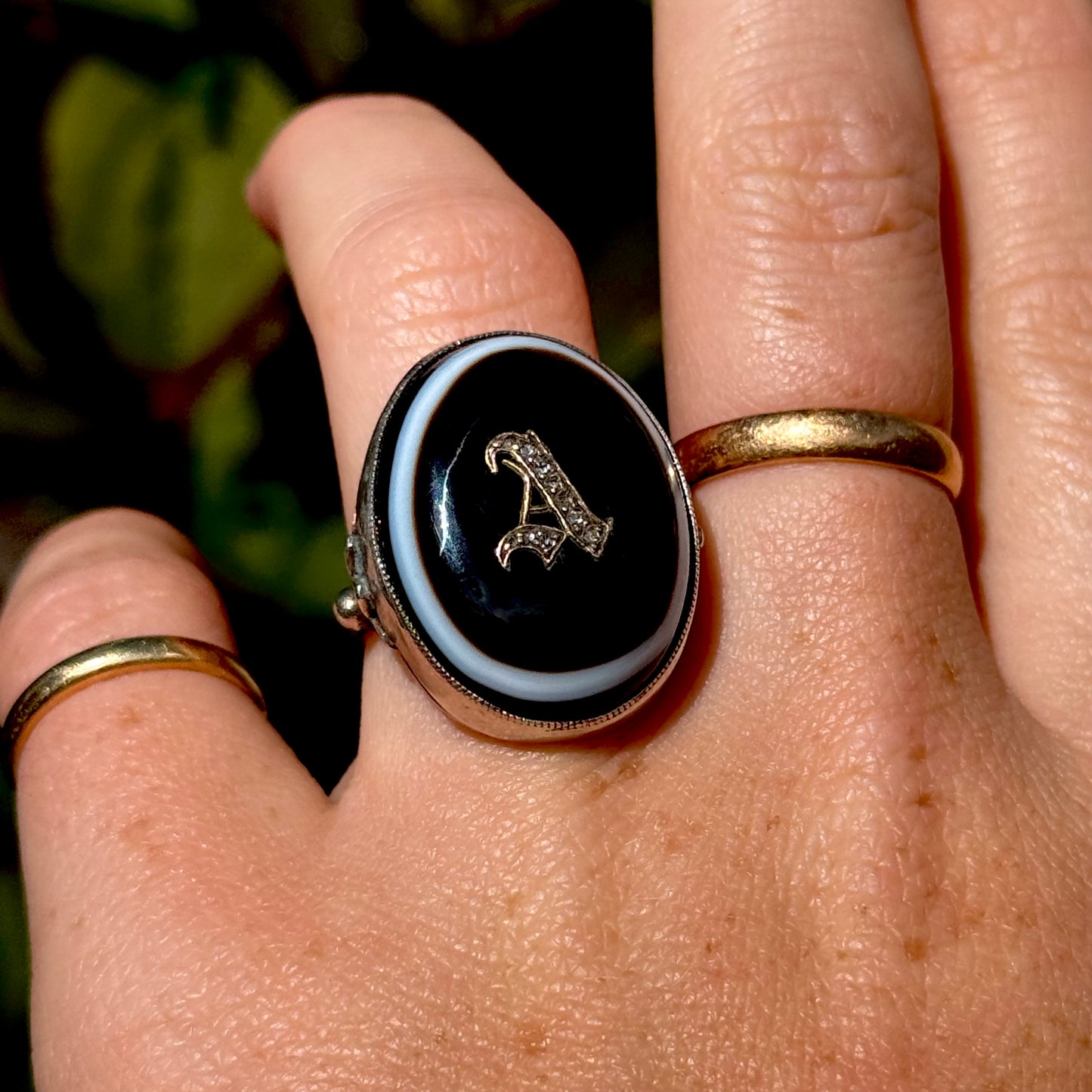 Victorian Banded Agate Diamond 'A' Ring in Sterling Silver Circa 1880