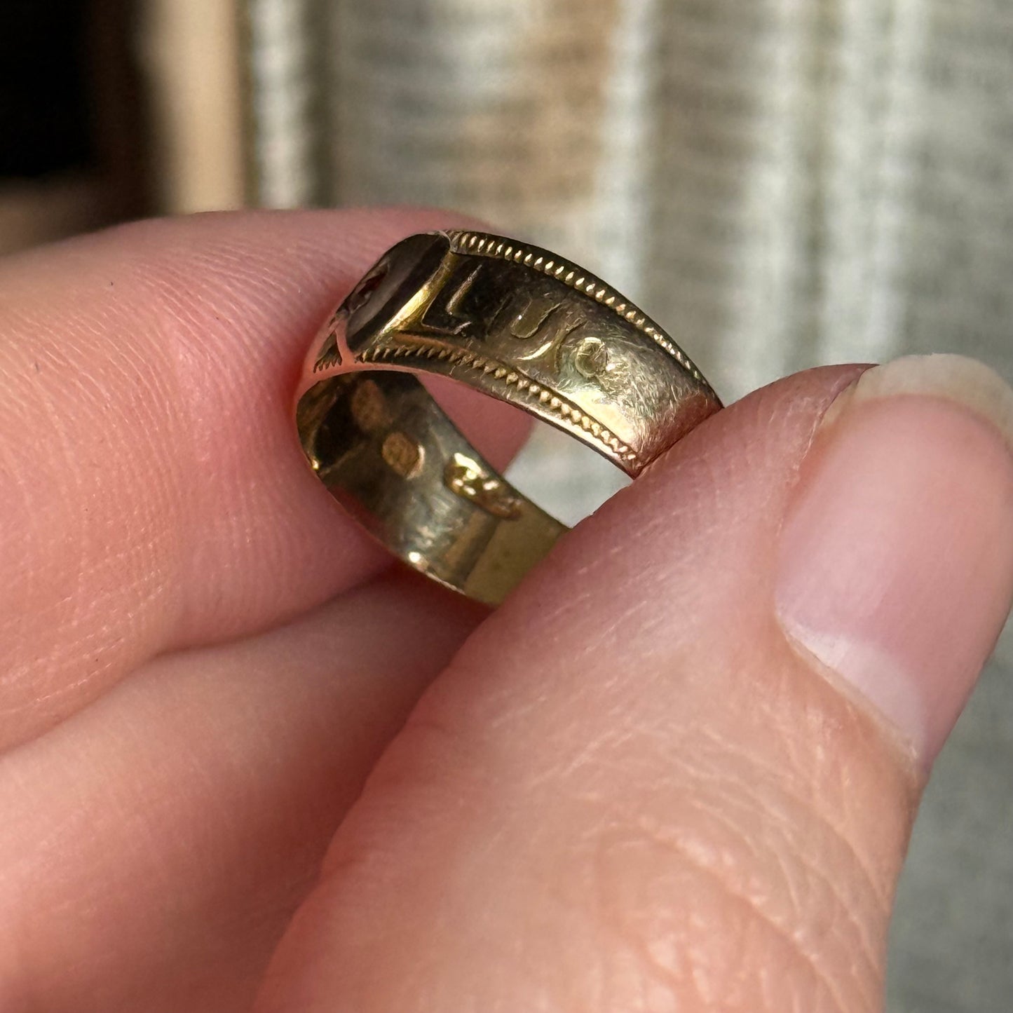 Antique Victorian Good Luck Garnet Ring in 18 Carat Gold; Circa 1855