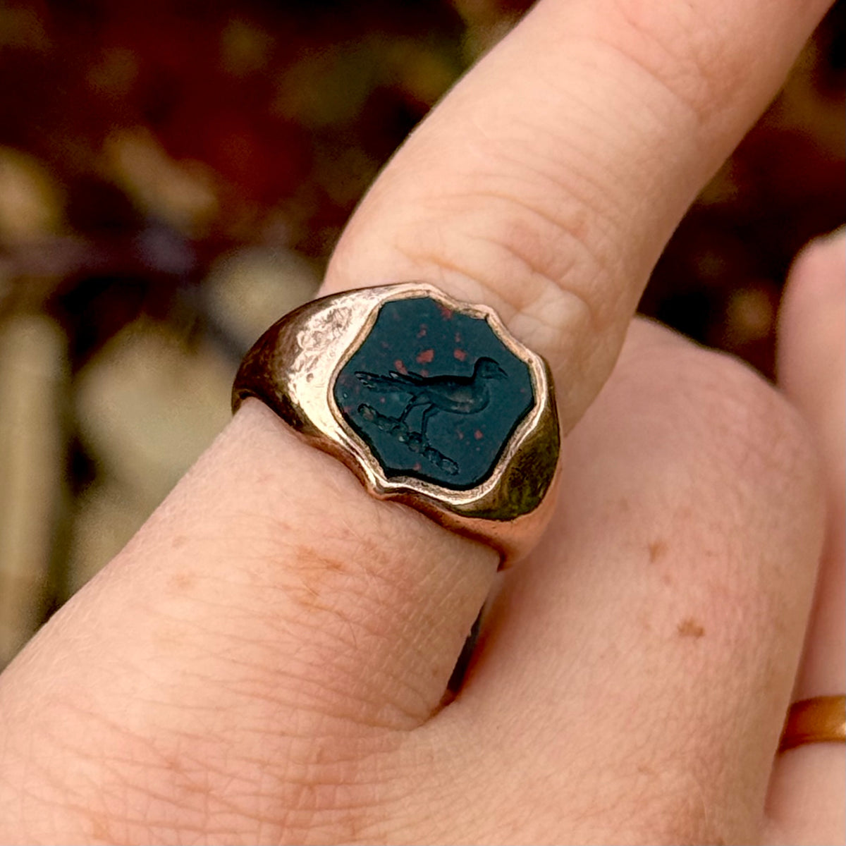 Antique Bird Bloodstone Intaglio Ring 9 Carat Rose Gold; Circa 1890