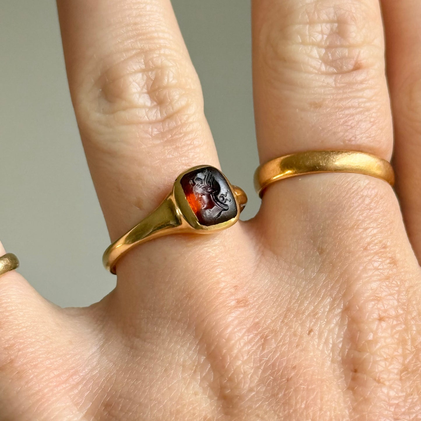 Edwardian 18 Carat Gold Intaglio Ring Depicting the Goddess Diana, Circa 910