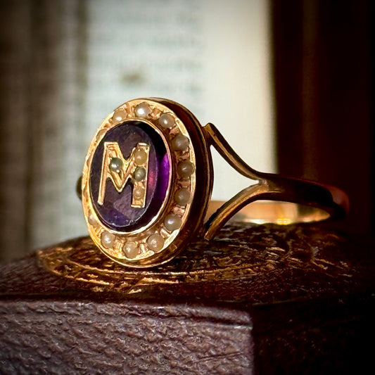 Antique Purple Paste & Pearl Initial 'M' Ring in 9 Carat Gold