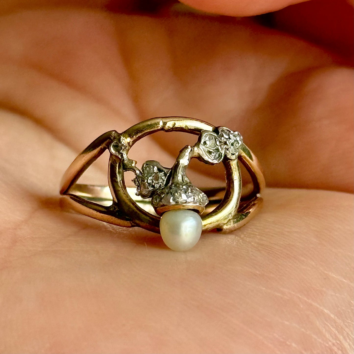 Antique Diamond & Pearl Acorn Ring in 9 Carat Gold
