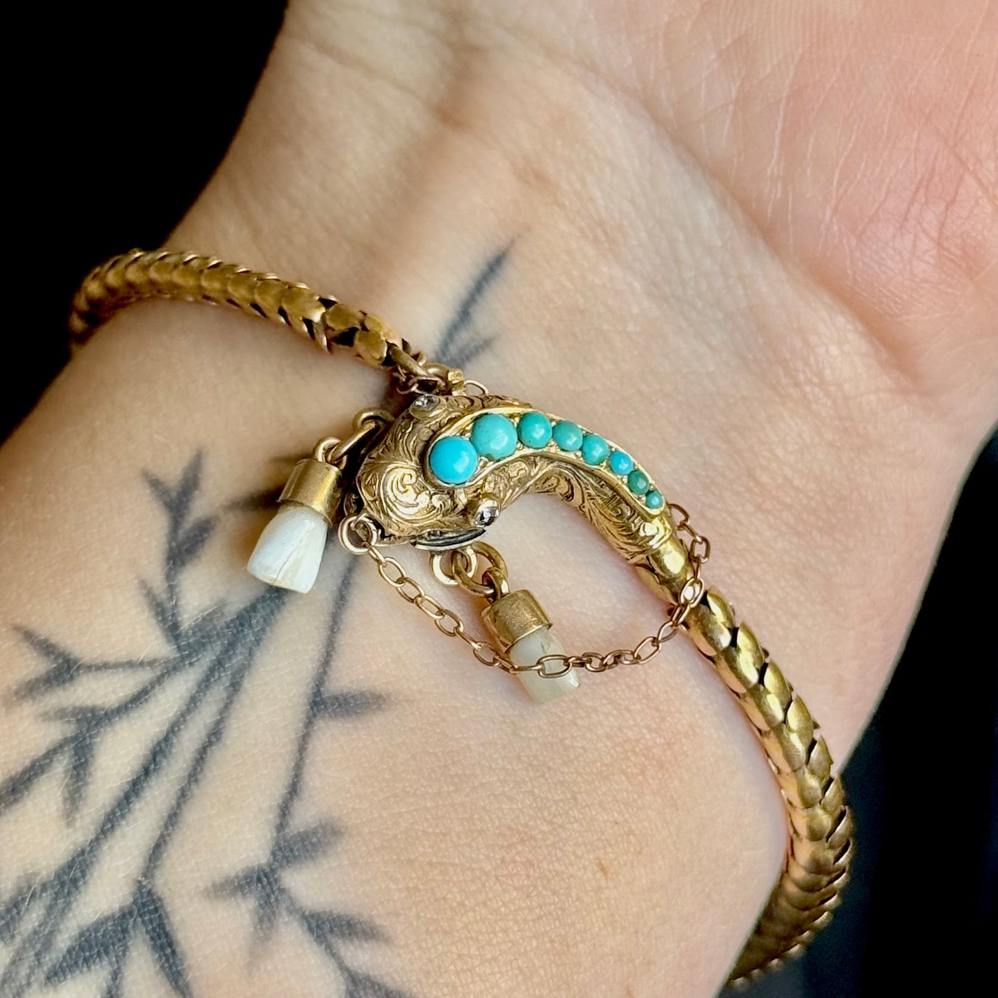 Victorian Diamond & Milk Tooth Snake Bracelet in 15 Carat Gold; Circa 1880