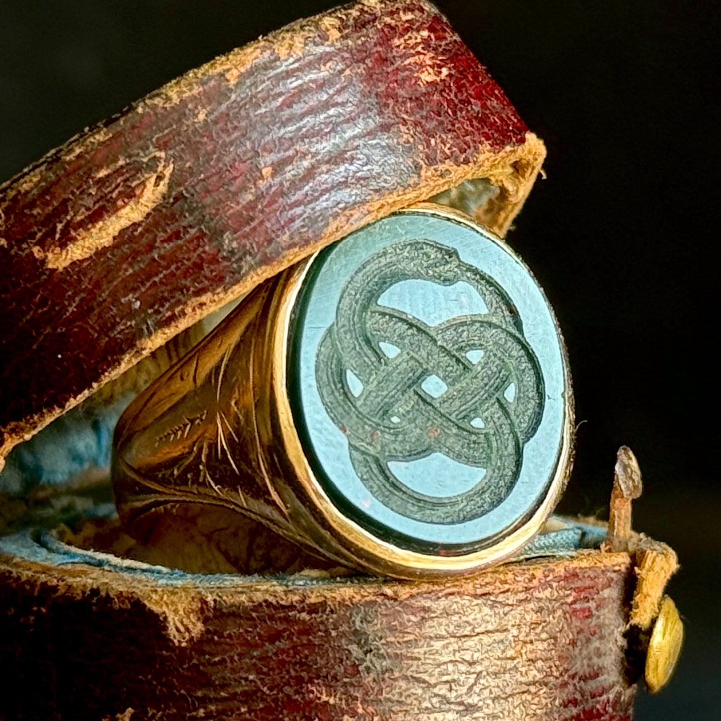 Antique Bloodstone Ouroboros Serpent Ring in 9 Carat Gold
