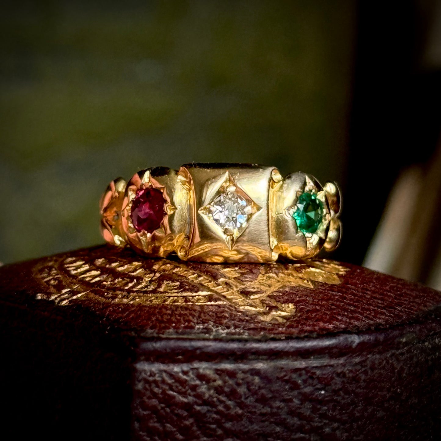 Antique Edwardian Diamond, Ruby & Emerald Ring in 18 Carat Gold