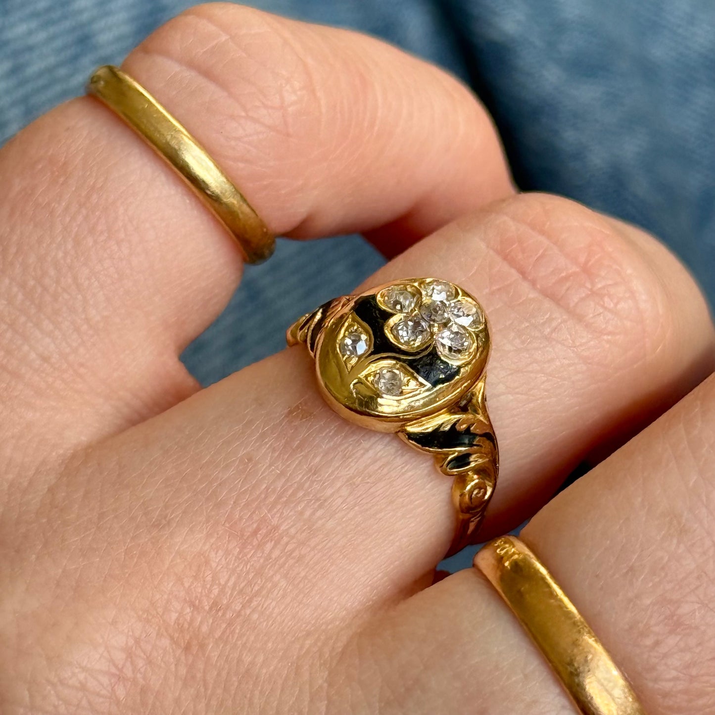 Antique Victorian Diamond Mourning Ring in 18 Carat Gold; Circa 1863
