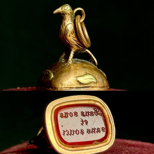 Antique Georgian Carnelian Bird Intaglio Fob in 15 carat Gold; Circa 1820
