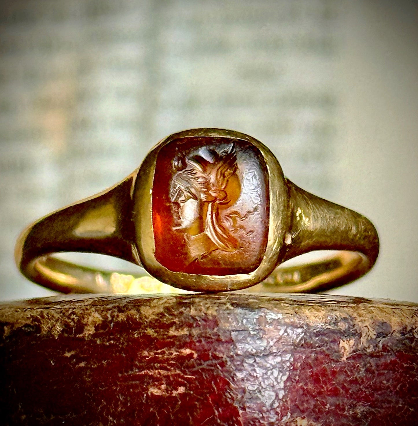 Edwardian 18 Carat Gold Intaglio Ring Depicting the Goddess Diana, Circa 910