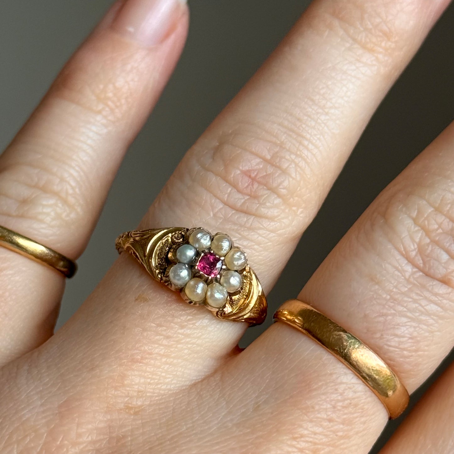 Victorian Rhodolite Garnet & Pearl Sentimental Ring in 18 Carat Gold; Circa 1880