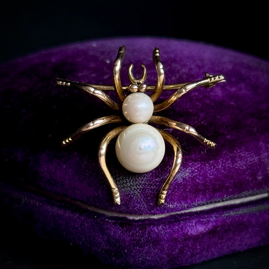 Victorian Pearl Spider Brooch in 9 Carat Gold; Circa 1890