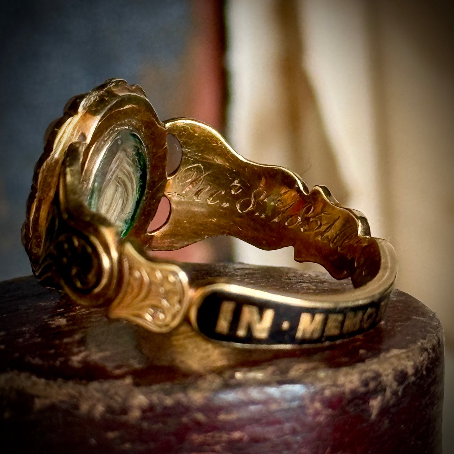 Antique Forget Me Not Mourning Ring in 18 Carat Gold; Circa 1851