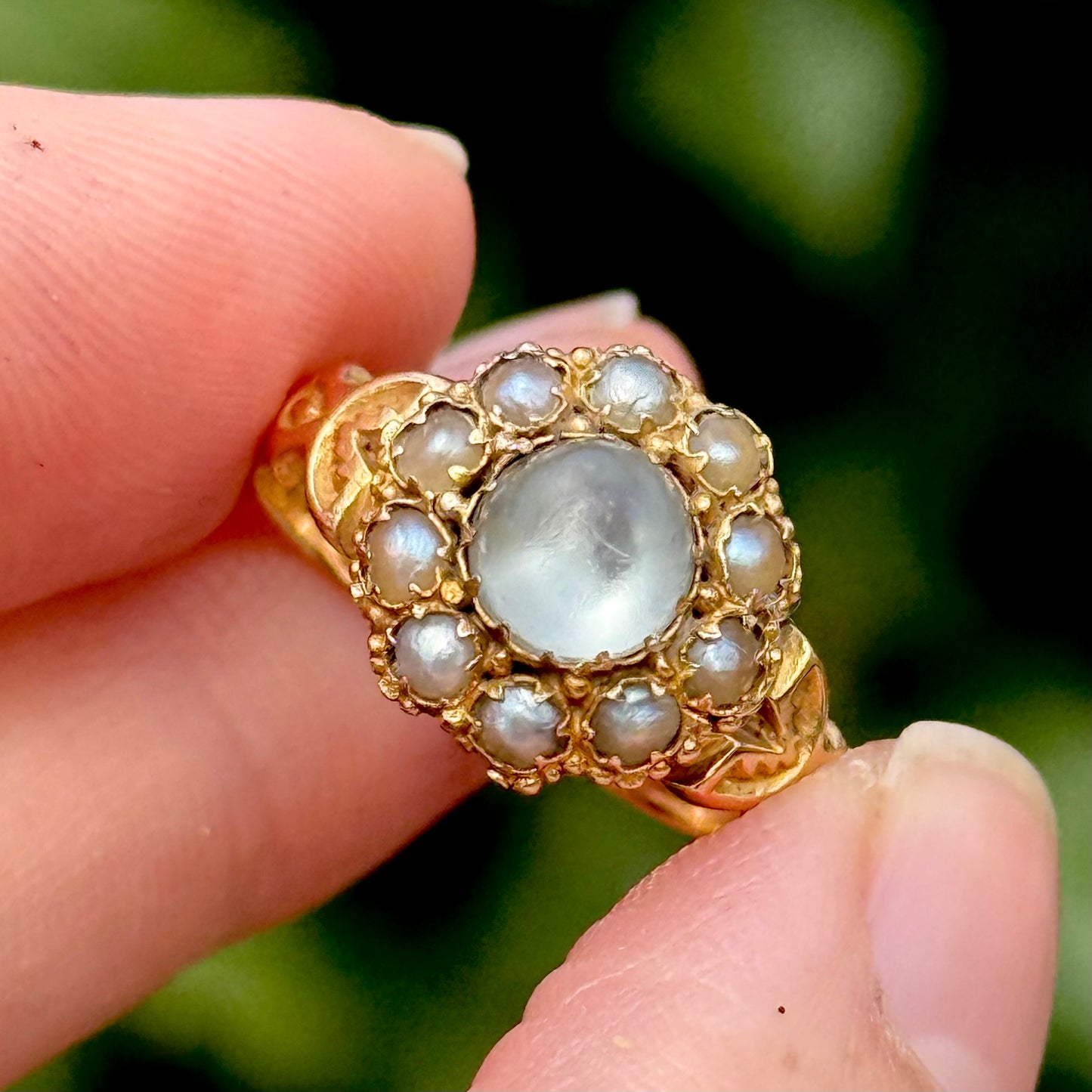 Antique Moonstone & Pearl Ring in 15 Carat Gold