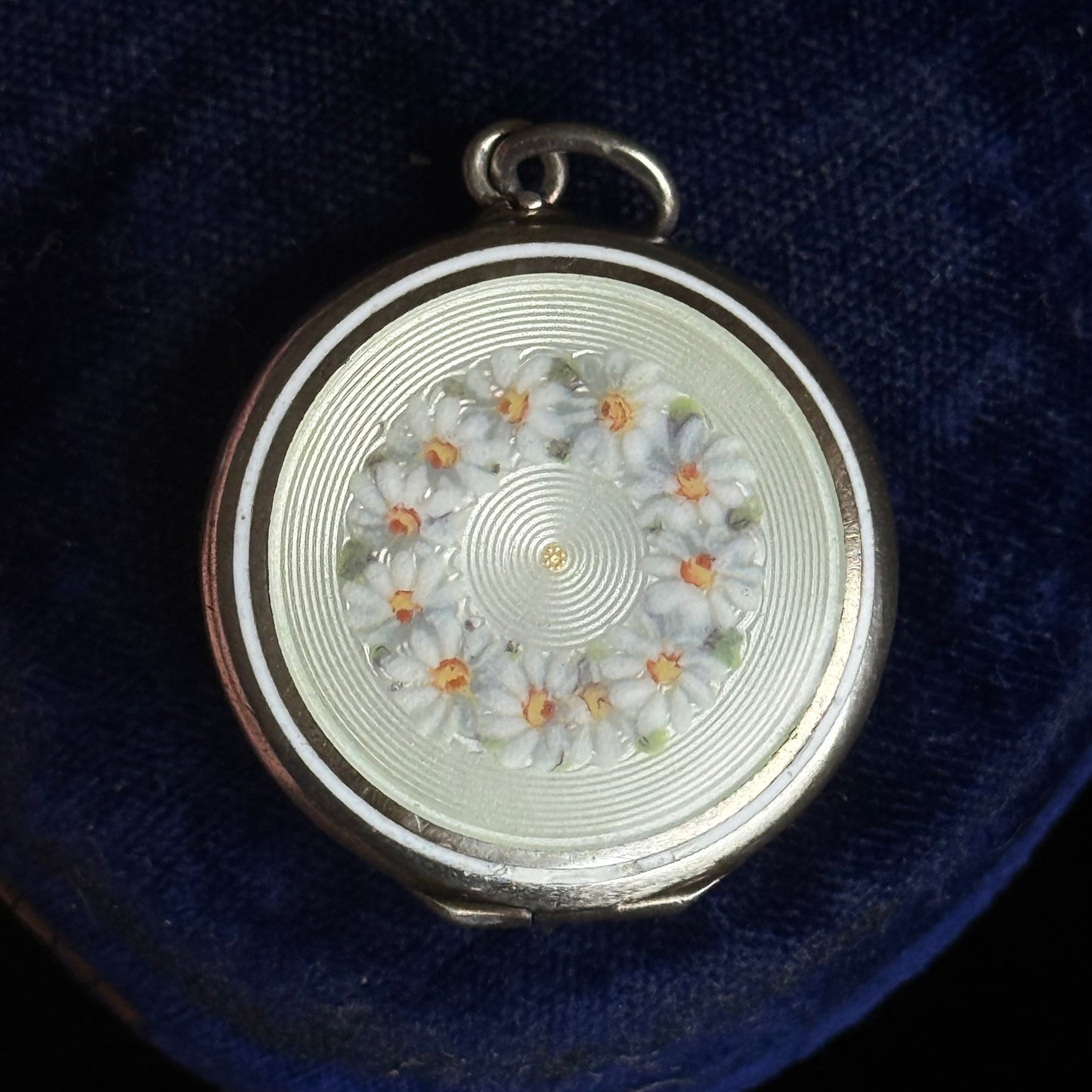 Antique Silver Daisy Wreath Guilloche Enamel Locket; Circa 1900
