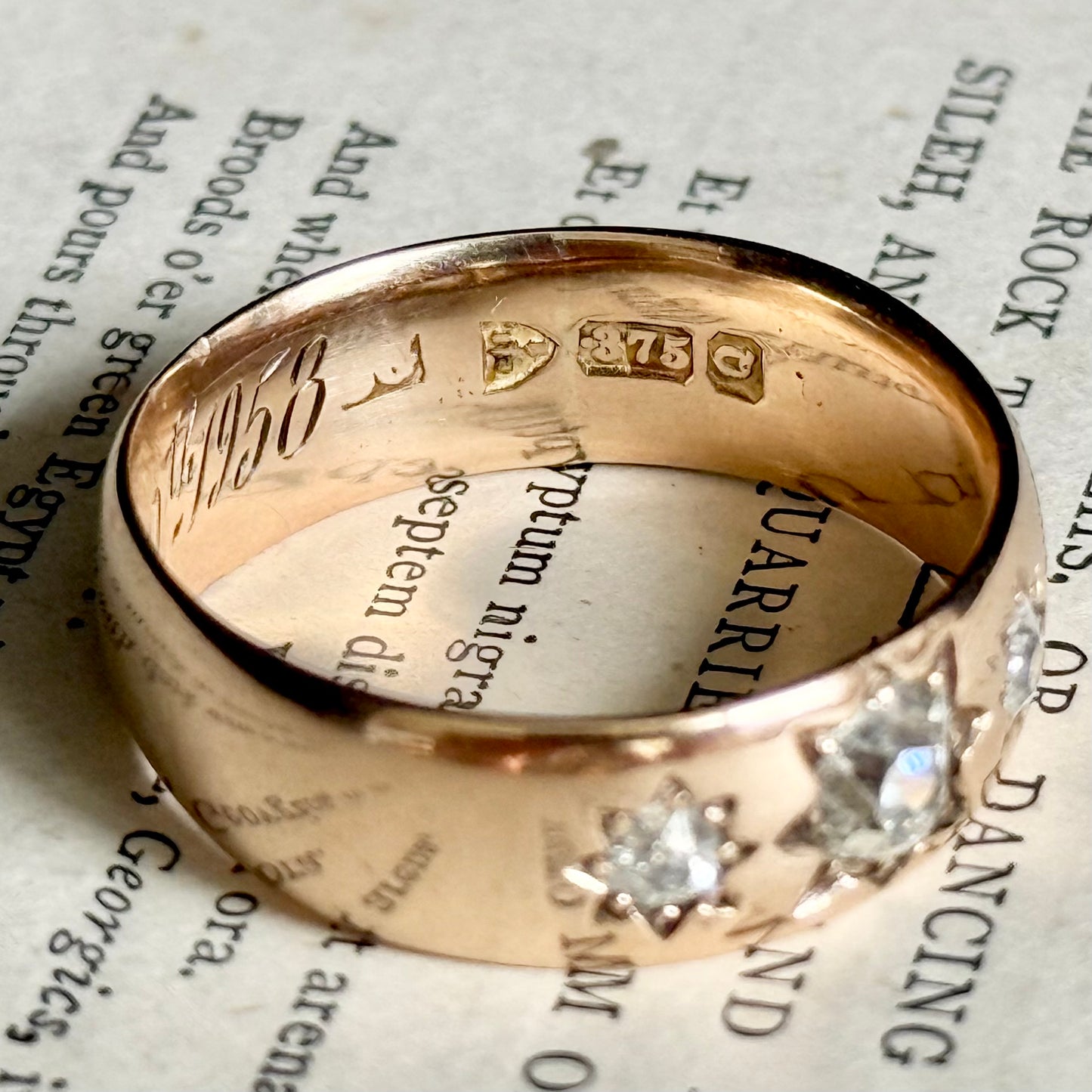 Antique Diamond Trilogy in 9 Carat Rose Gold Ring; Circa 1899