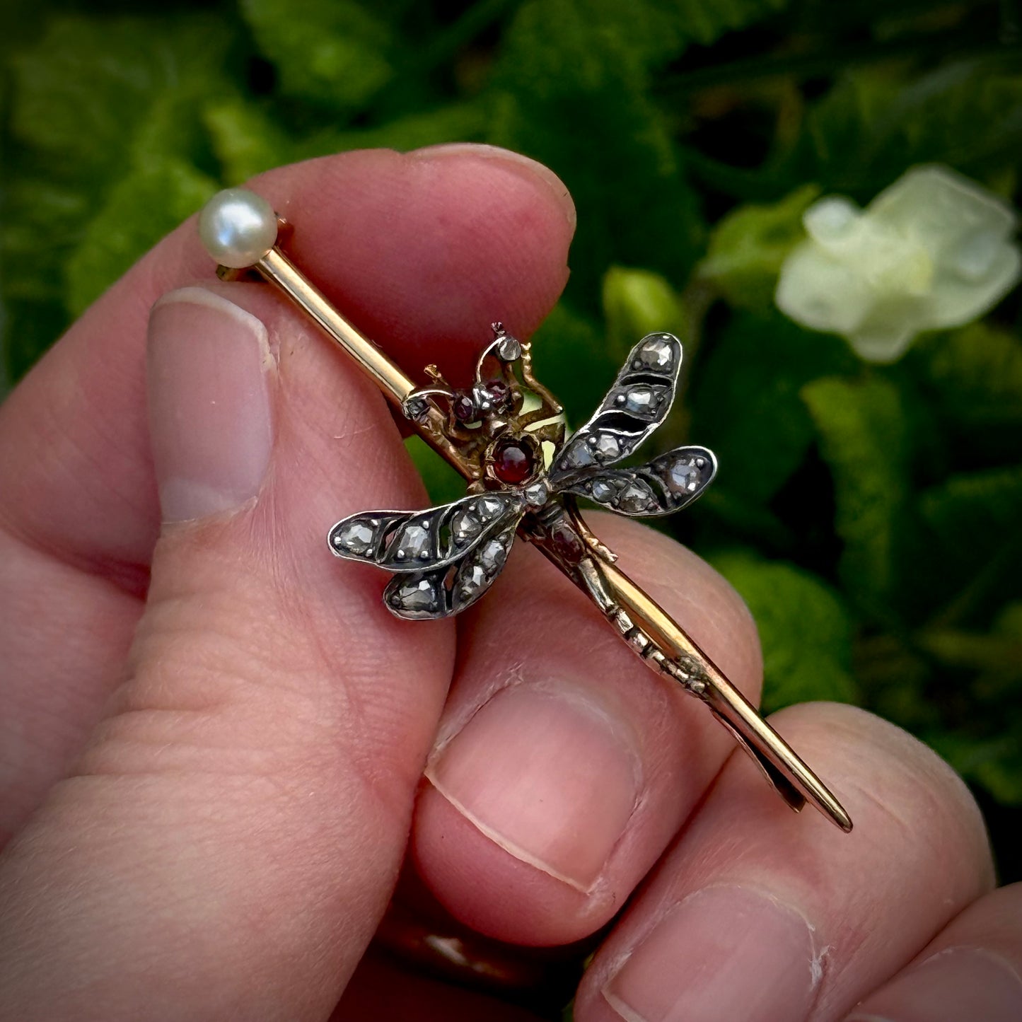 Victorian Diamond, Garnet & Pearl Dragonfly Brooch; Circa 1890