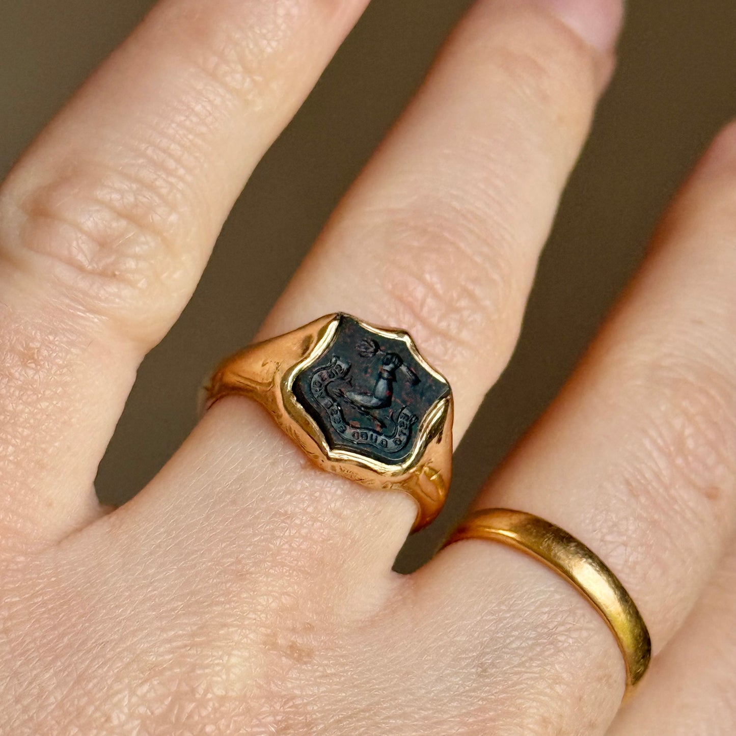 Antique Victorian Bloodstone Intaglio Signet Ring in 9 Carat Gold