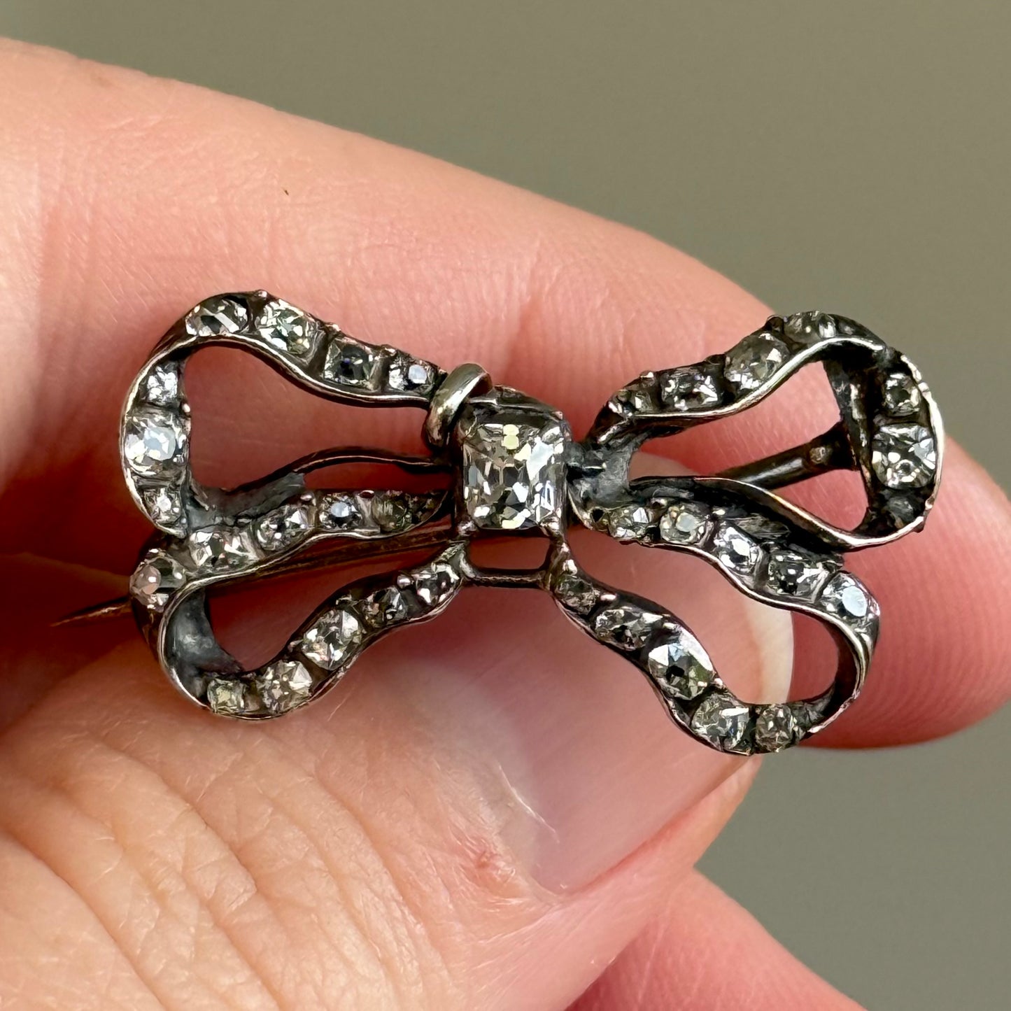 Mid Victorian Diamond Bow Brooch in Silver and Gold; Circa 1860