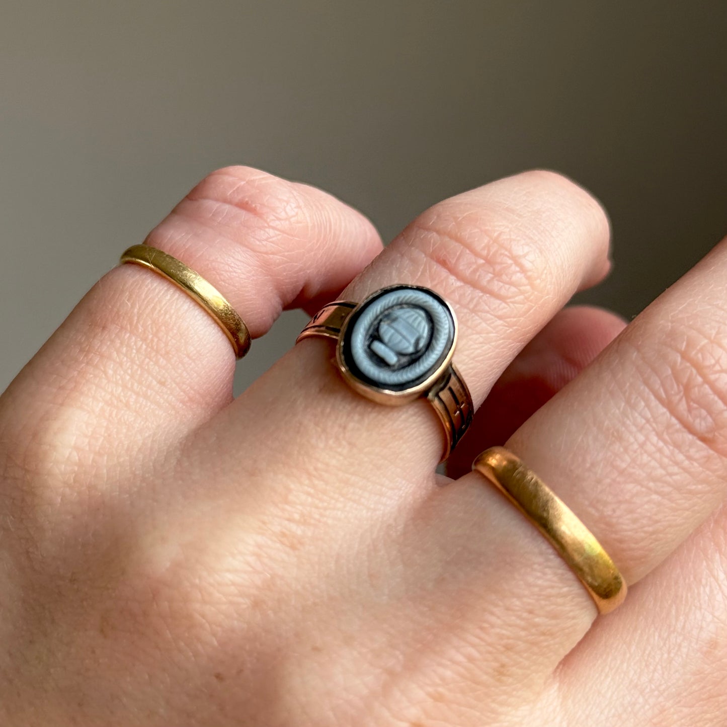 Antique Victorian Sardonyx Urn Mourning Ring in 9 Carat Gold
