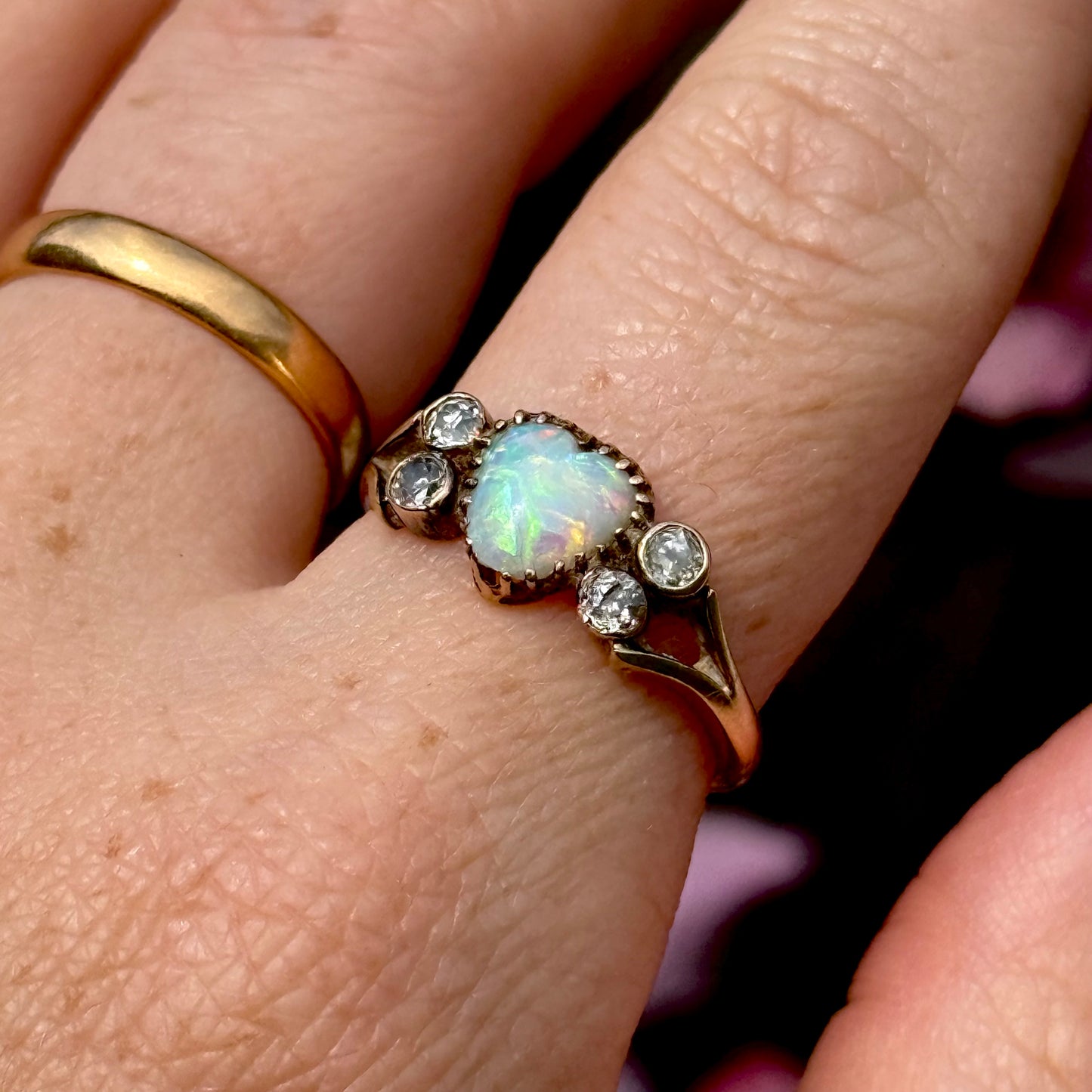 Antique Victorian Heart Opal Diamond Ring in 18 Carat Gold