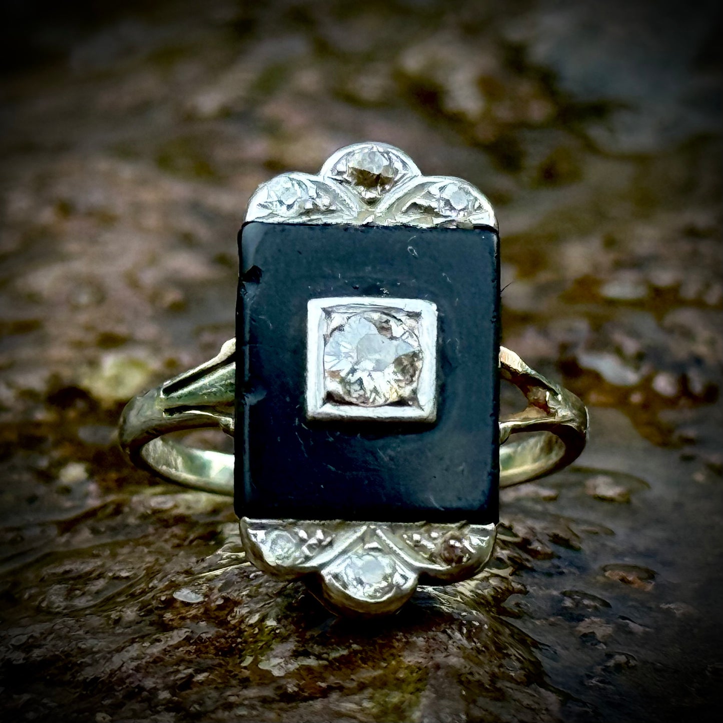 Antique Art Deco Onyx & Diamond Ring; Circa 1920