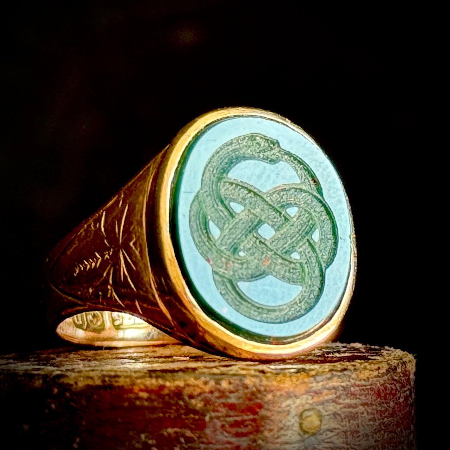 Antique Bloodstone Ouroboros Serpent Ring in 9 Carat Gold