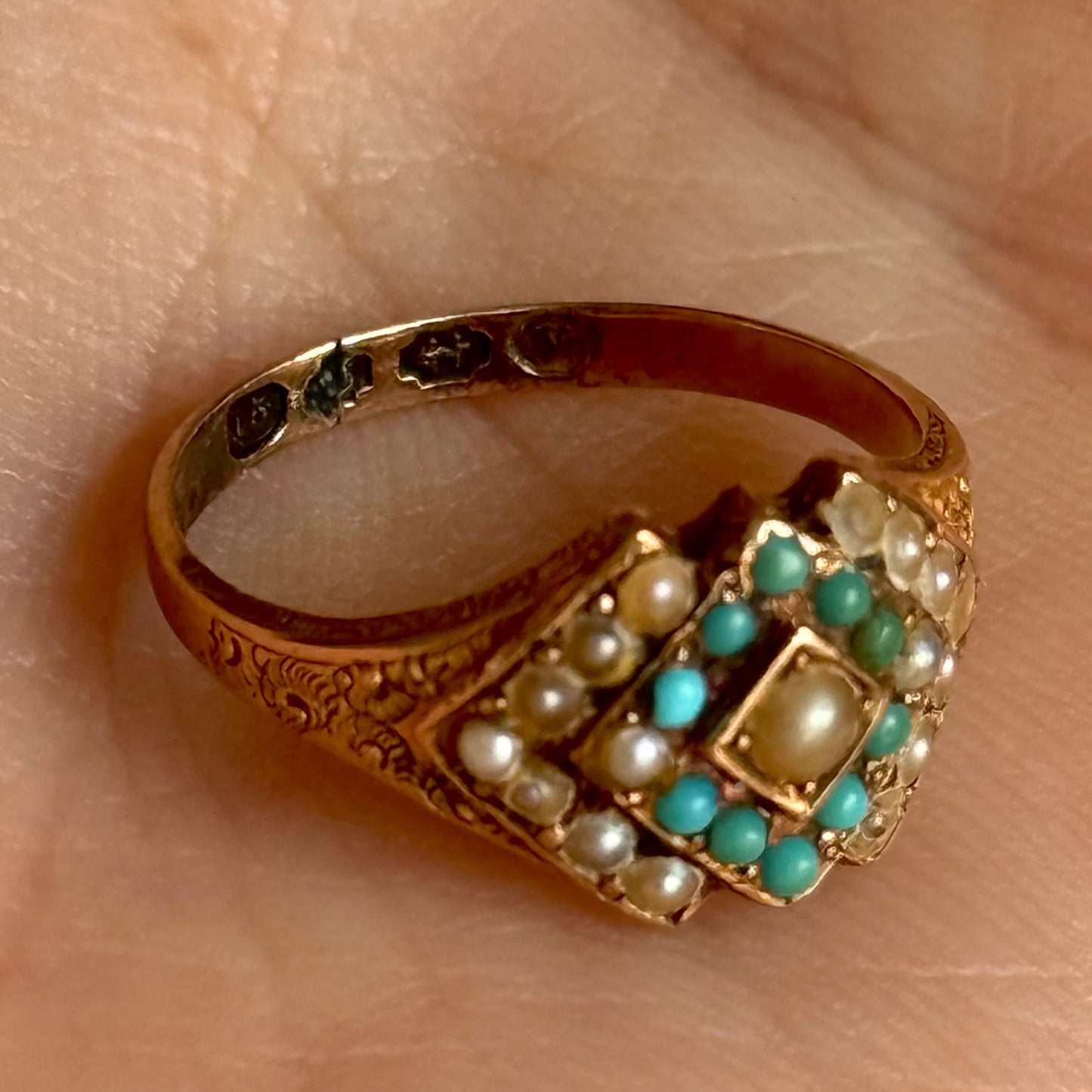 Antique Victorian Peal & Turquoise Ring in 15 Carat Gold; Circa 1870