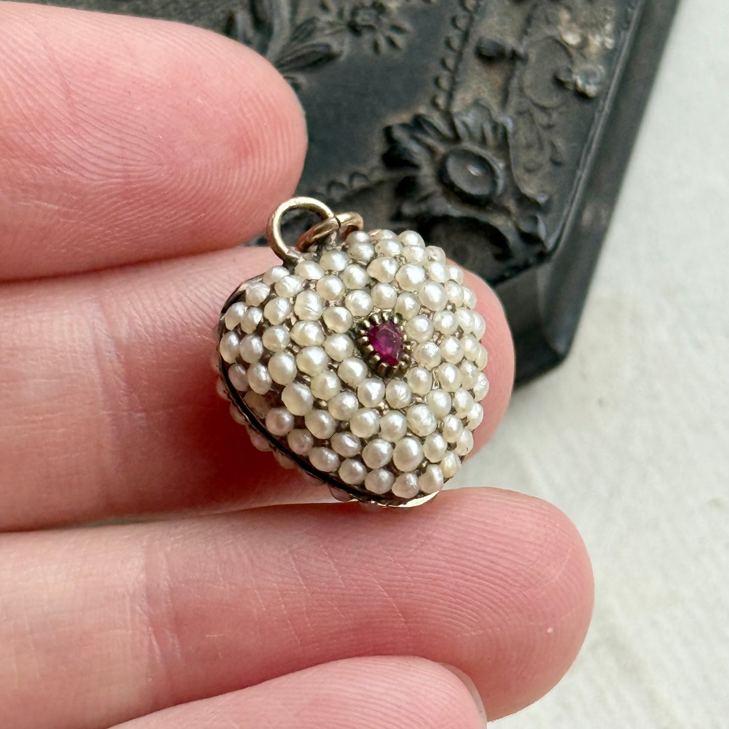 Georgian Seed Pearl & Ruby Heart Locket Pendant in 15 Carat Gold; Circa 1800