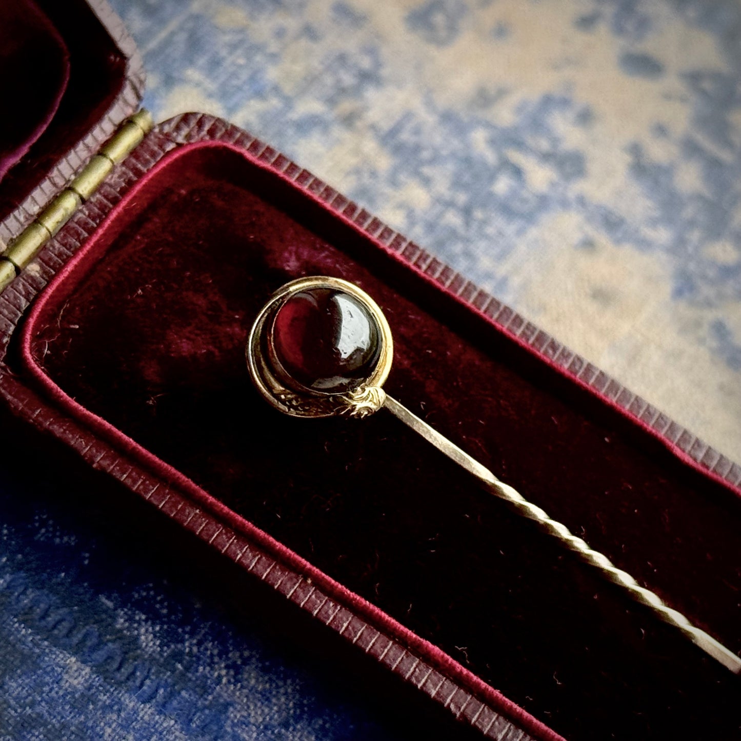 Boxed Antique Victorian Snake Garnet Pin; Circa 1860