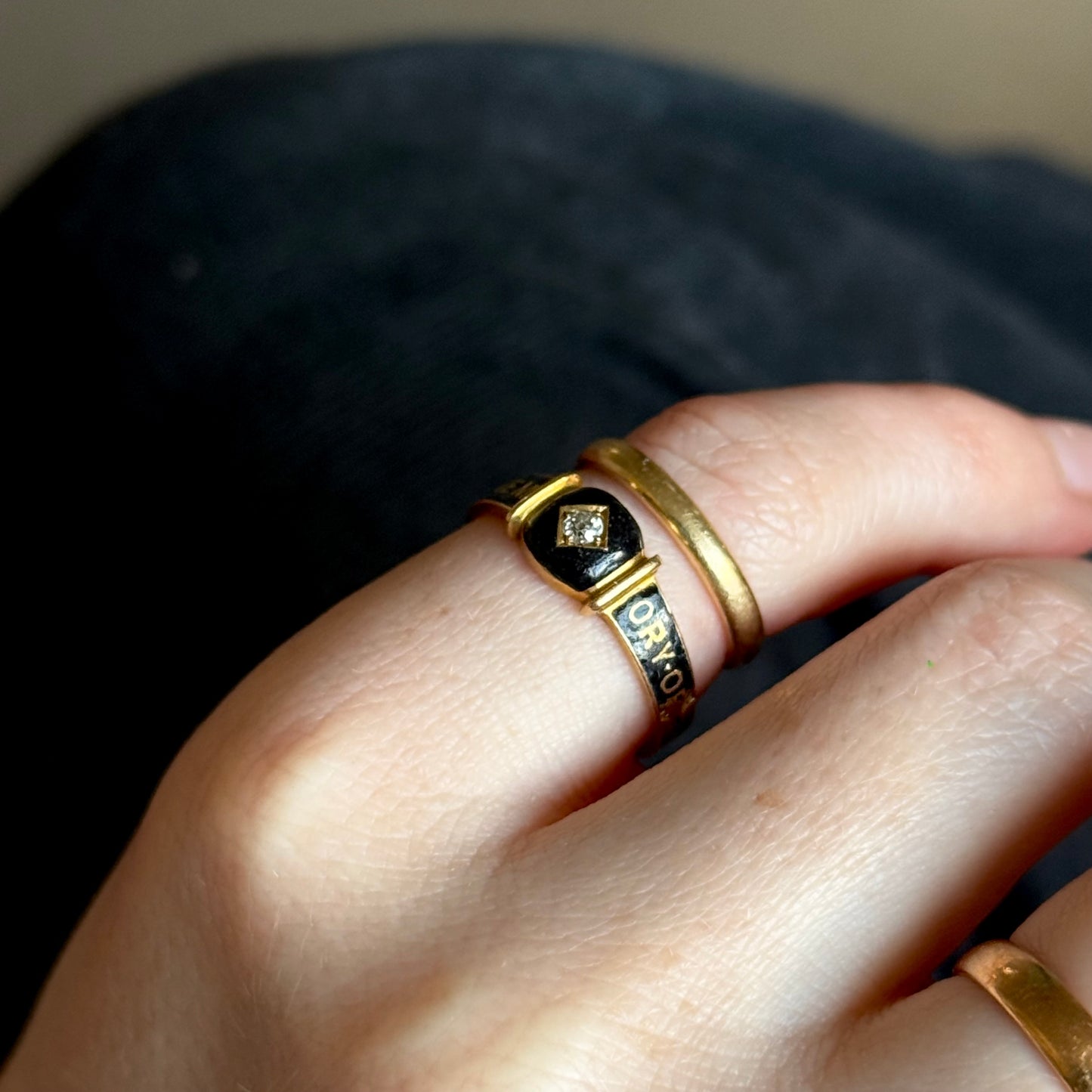 Antique Victorian Diamond Enamel Mourning Ring in 18 Carat Gold; Circa 1894