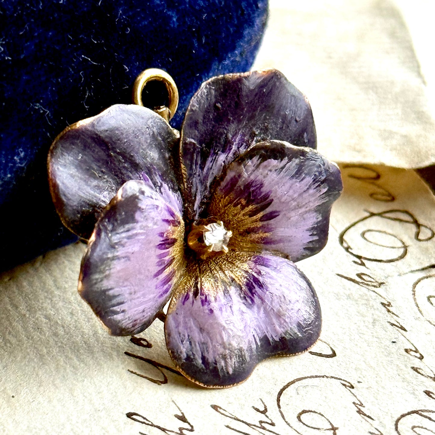 Victorian Enamel Pansy Diamond Pendant in 14 Carat Gold; Circa 1900