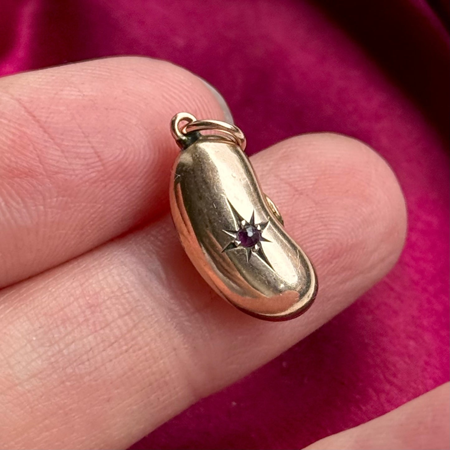 Victorian Lucky Ruby Kidney Bean Pendant 9 Carat Gold; Circa 1860