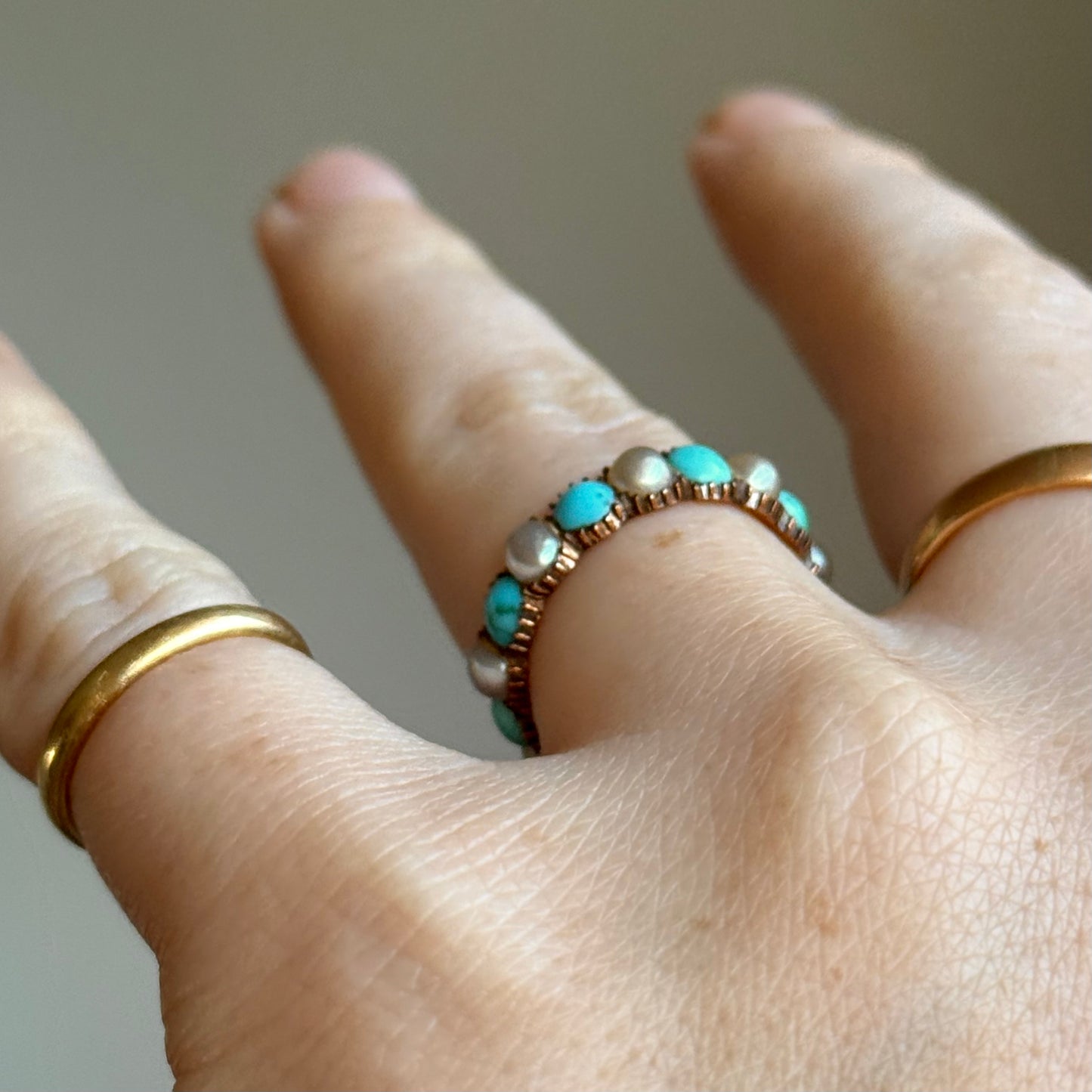 Georgian Rare Turquoise & Pearl Full Eternity in 9 Carat Gold