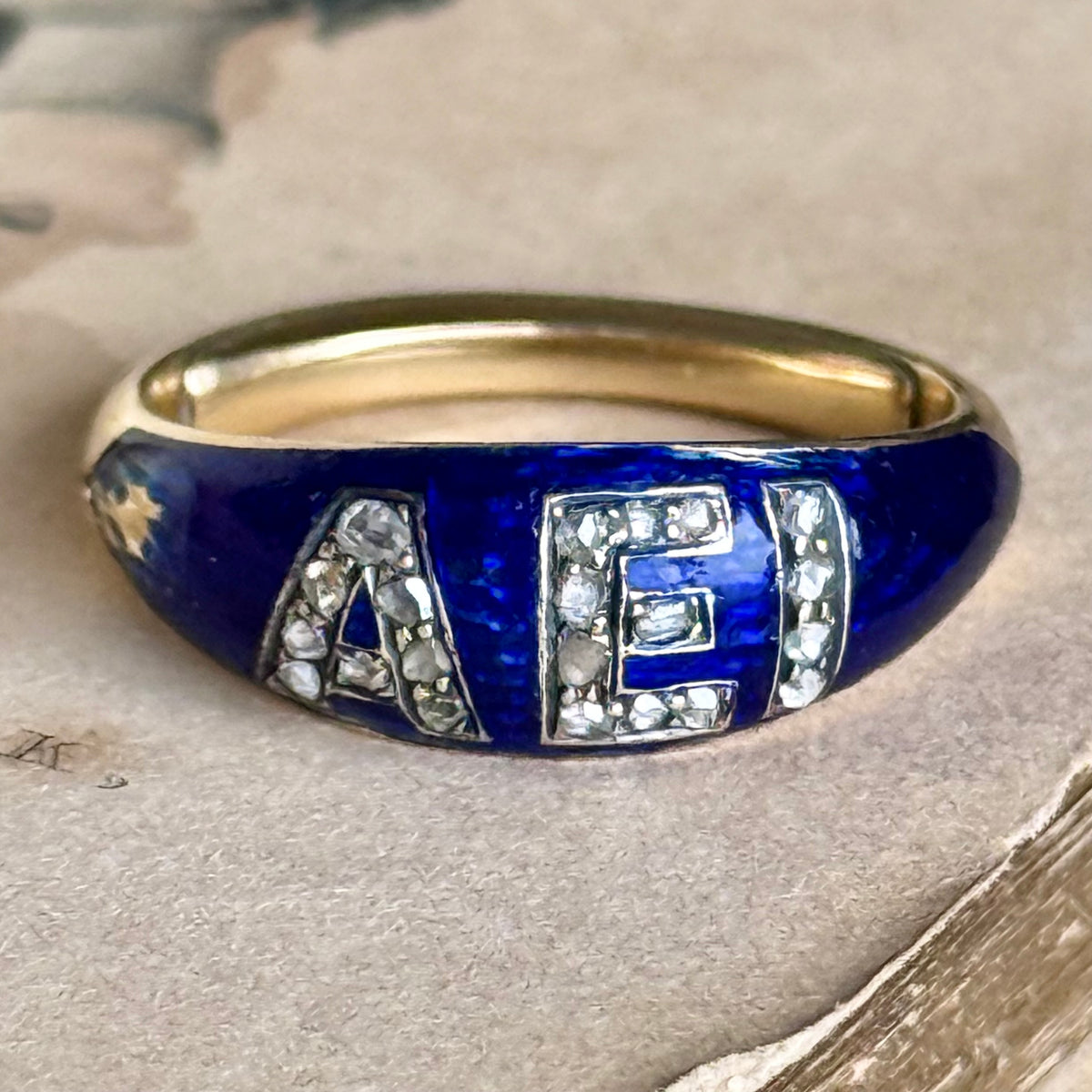 Antique Victorian Sentimental 'AEI' Ring in 18 Carat Gold; circa 1860