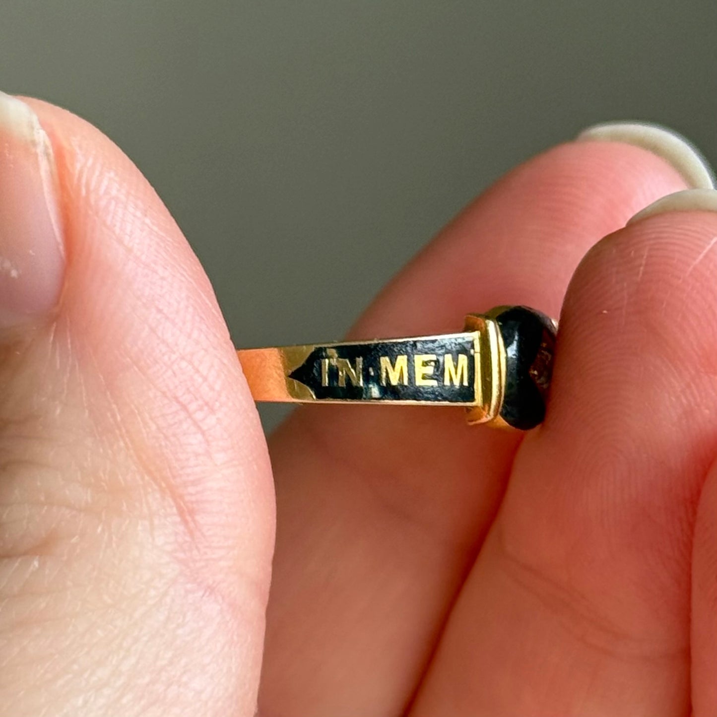Antique Victorian Diamond Enamel Mourning Ring in 18 Carat Gold; Circa 1894