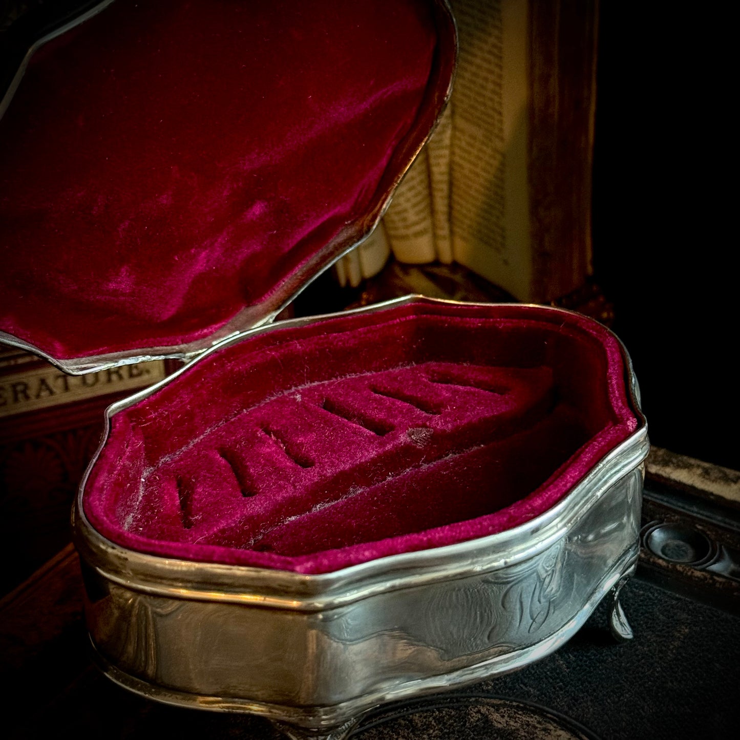 Antique Sterling Silver & Velvet Jewellery Box, England 1912