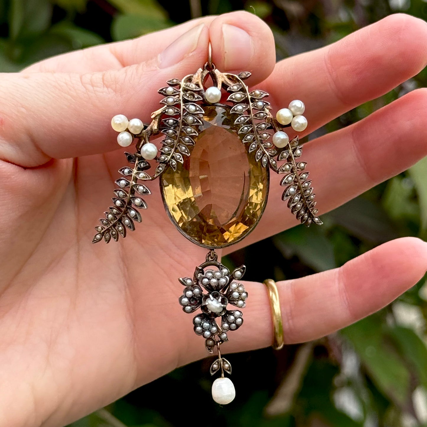 Antique Citrine & Pearl Pendant in Silver & Gold