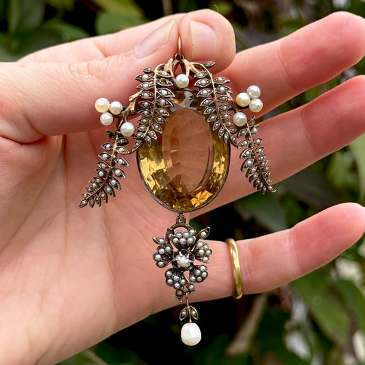 Antique Citrine and Pearl Pendant in Silver & Gold