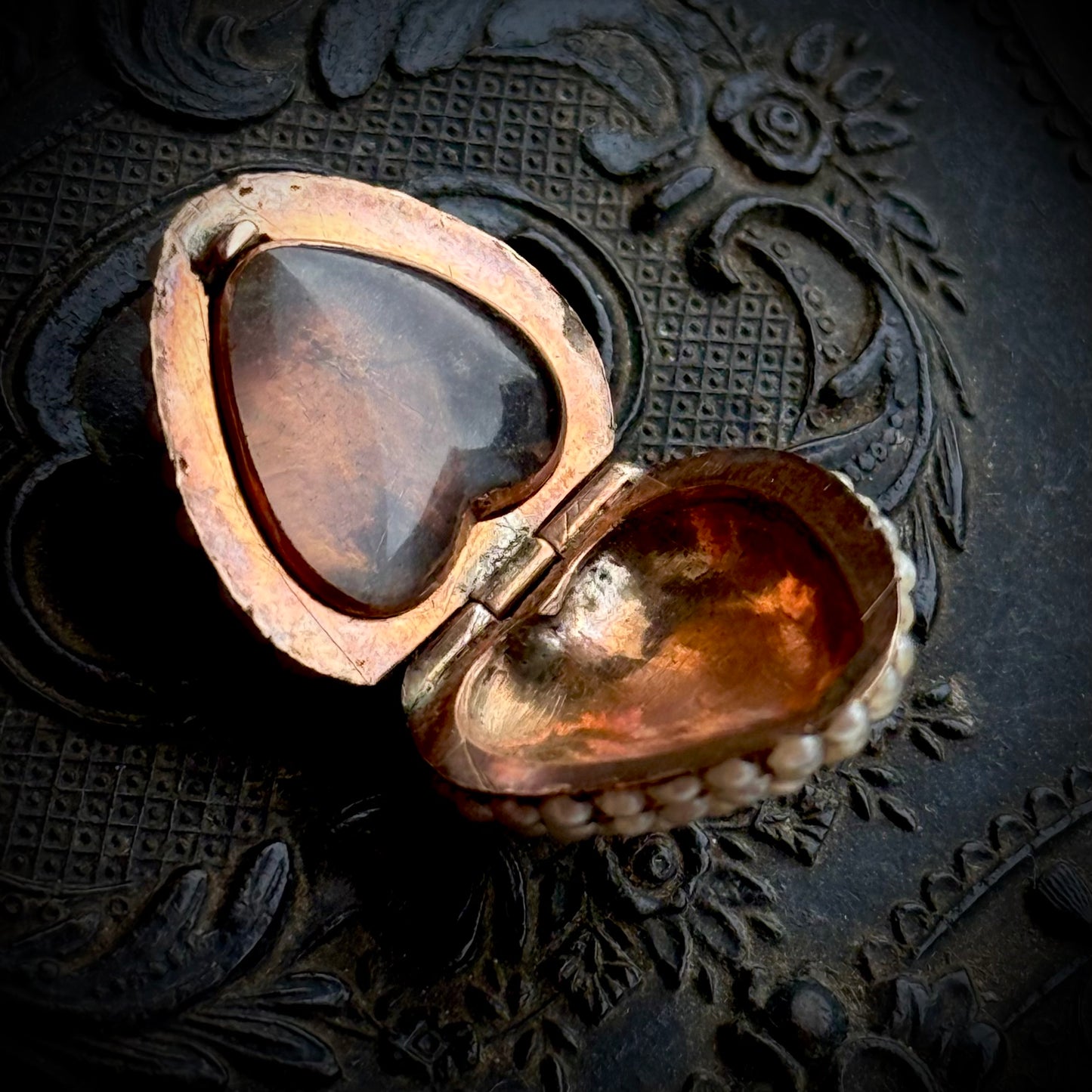 Georgian Seed Pearl & Ruby Heart Locket Pendant in 15 Carat Gold; Circa 1800