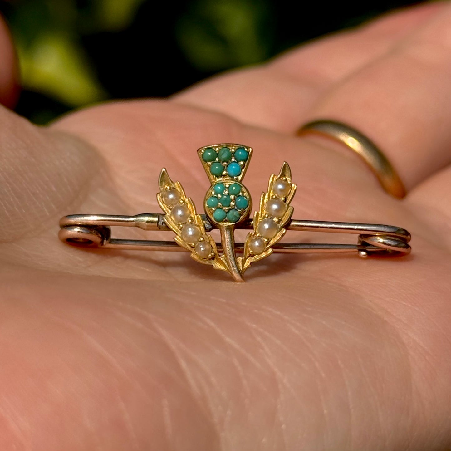 Antique Thistle Pearl & Turquoise 9 Carat Gold Brooch