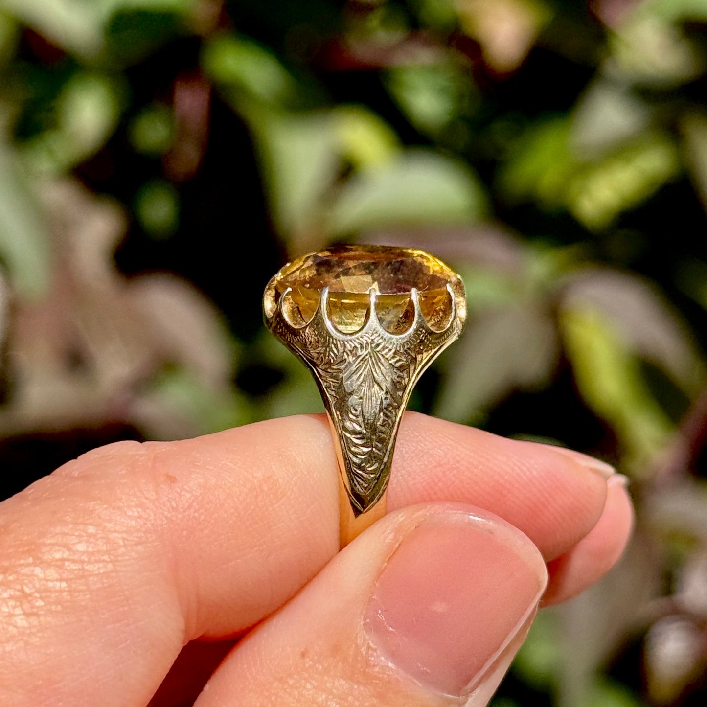 Victorian Citrine Engraved Ring in 9 Carat Gold ; Circa 1900