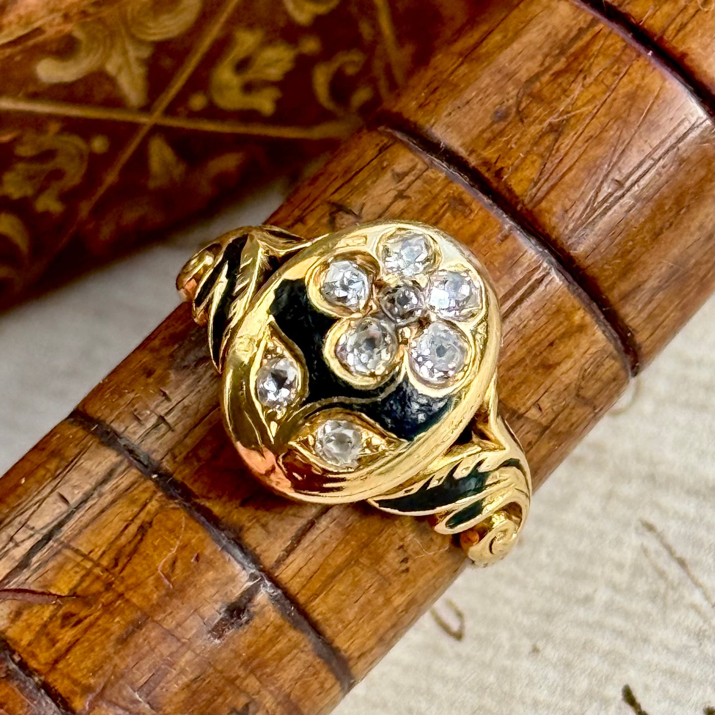 Antique Victorian Diamond Mourning Ring in 18 Carat Gold; Circa 1863