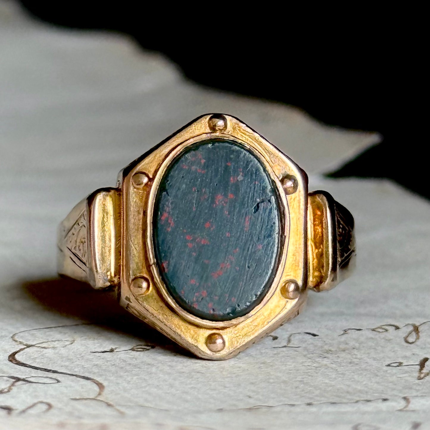 Antique Bloodstone Signet Ring in 9 Carat Gold, Circa 1880