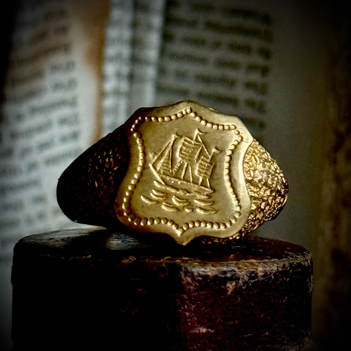 Victorian Heavy Nautical Ship Intaglio Signet ring; Circa 1885