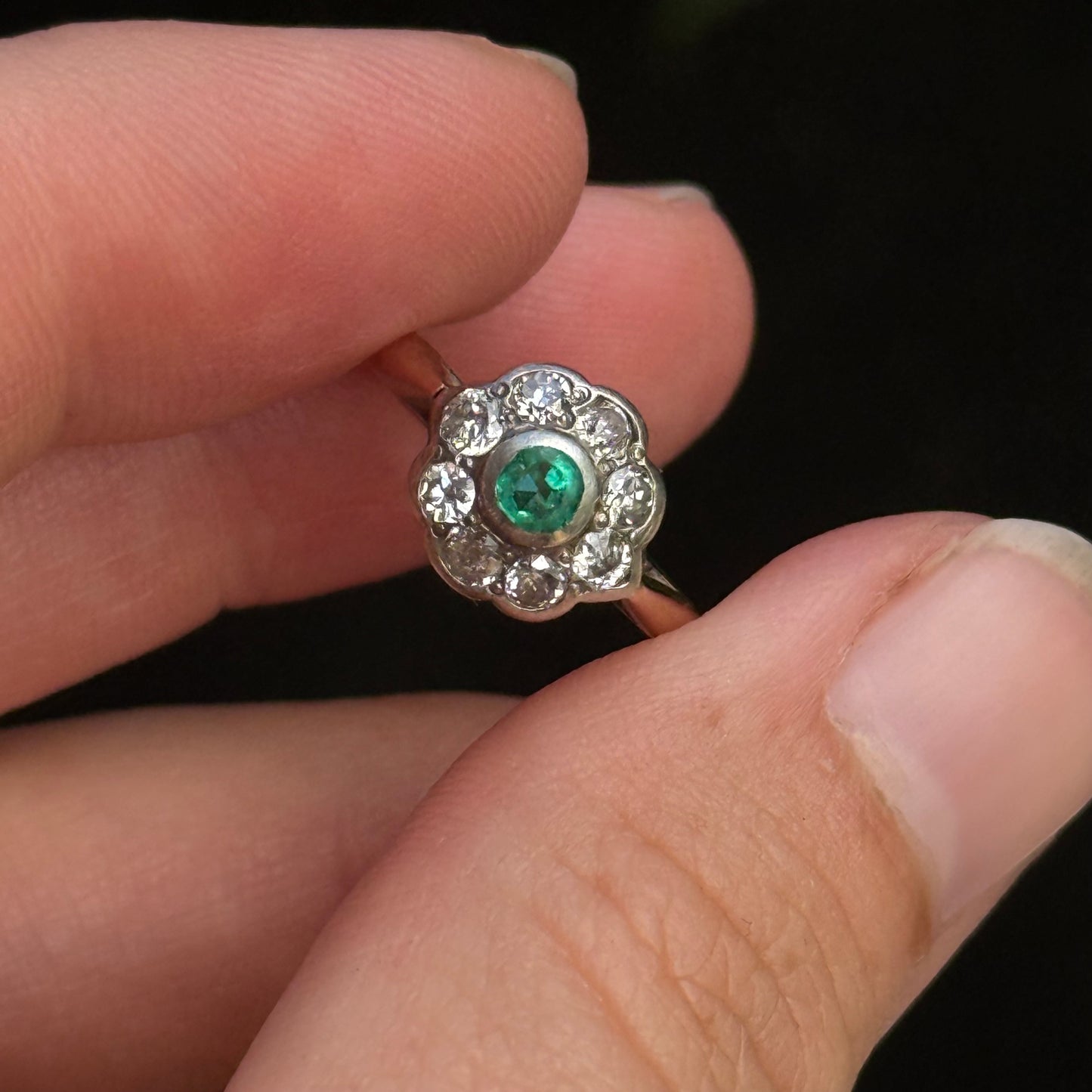 Antique Emerald & Diamond Cluster Ring; Circa 1895