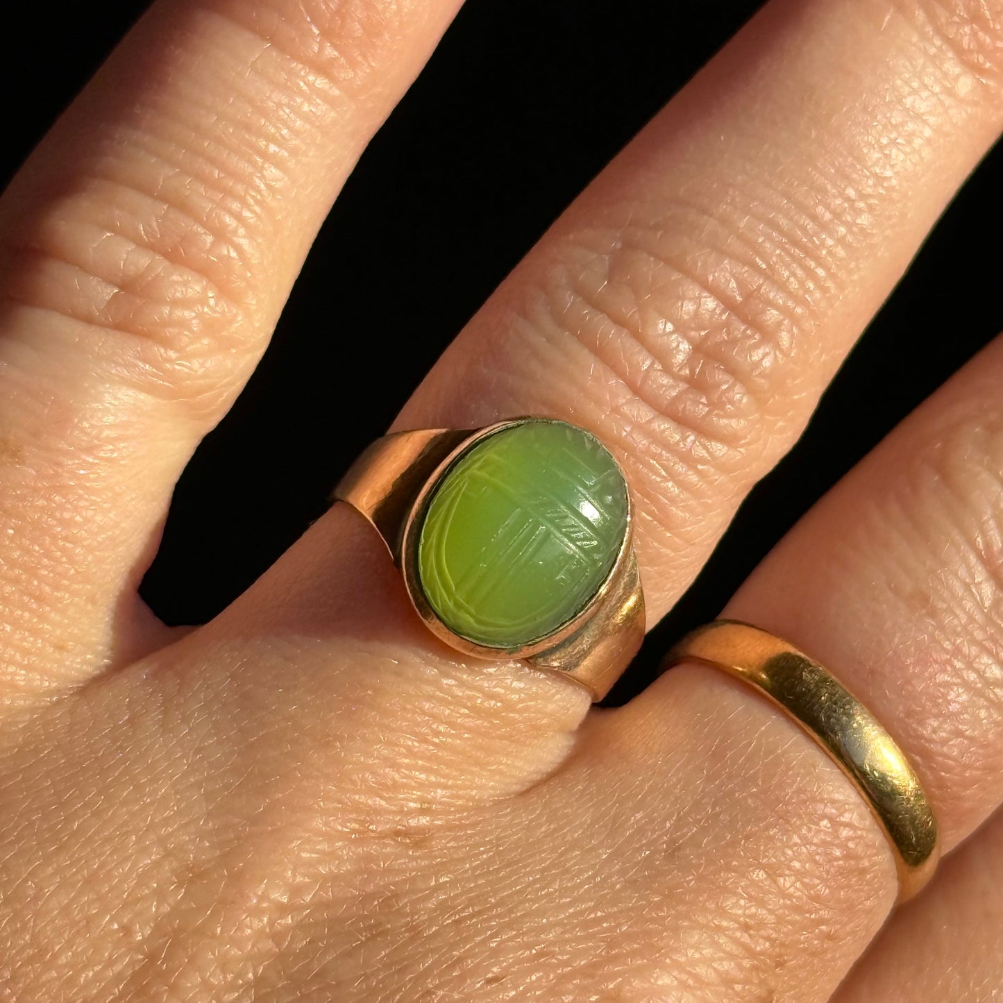 Antique Green Agate Scarab Ring in 9 Carat Gold